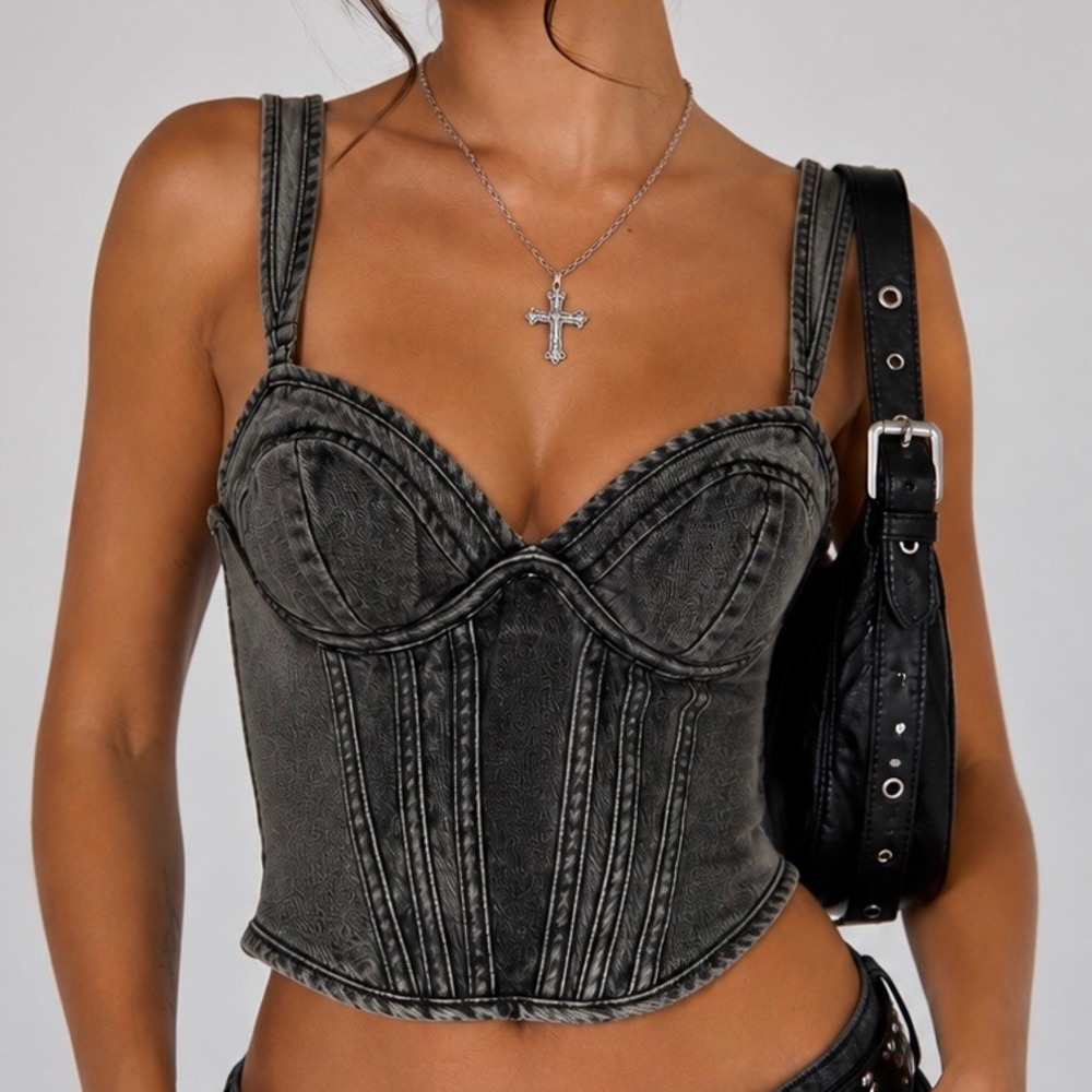 PrettyLittleThing Washed Black Gray Denim Corset Bustier Crop Top NWT Y2K Grunge